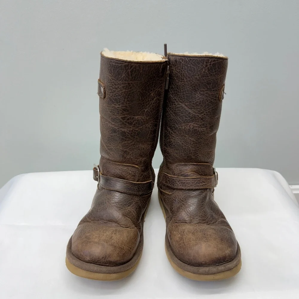 UGG Australia Kensington Girls Youth 3 Sheepskin Lined Brown Leather Boots 1969
